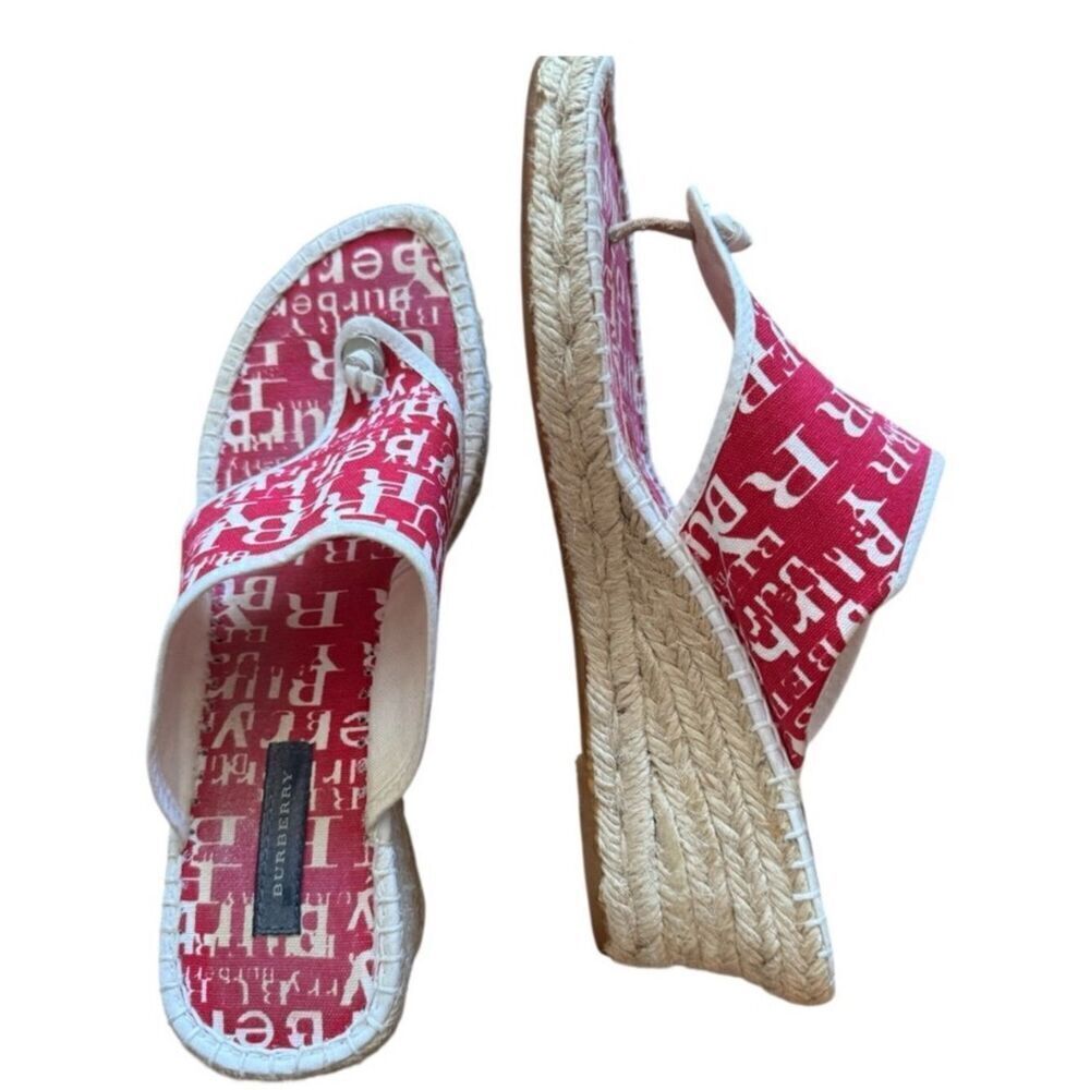 🛍️ Burberry Authentic Red All Over Logo Canvas Espadrille Wedges Size 38